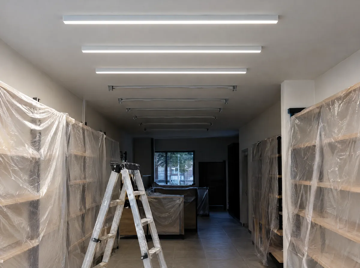 Luminarias lineales nuevas encendidas en el cielo de una tienda en obra