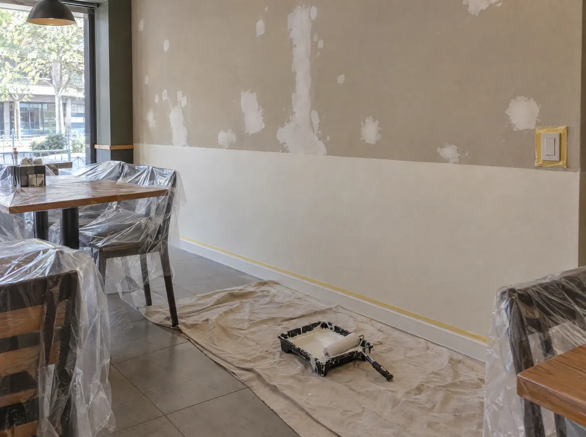 Muro con parches de pasta lijados y la parte baja recién pintada